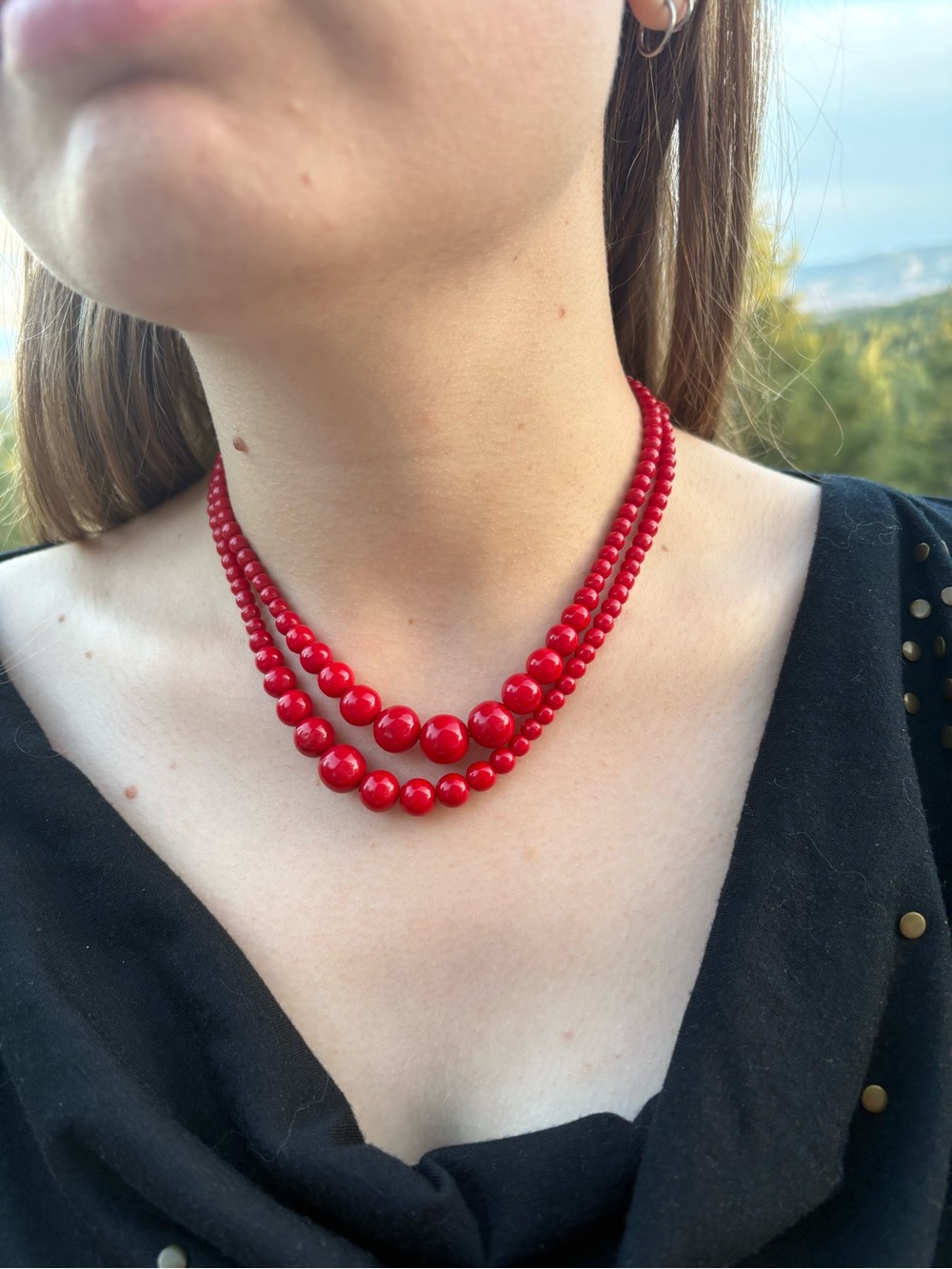 Cherry Red 1040s Beautiful Double Strand Beaded Necklace